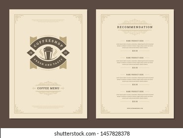 Coffee menu template design flyer for bar or cafe with coffee shop logo cup symbol and retro typographic decoration elements. Vector Illustration.