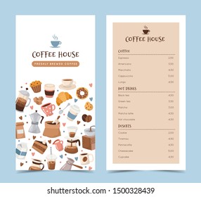 Coffee menu template with different coffee elements. Cute cartoon icons in hand drawn style. Vector illustration 