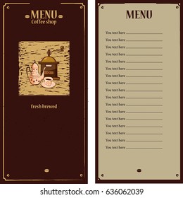 Coffee menu template with coffee grinder, coffee pot, cup