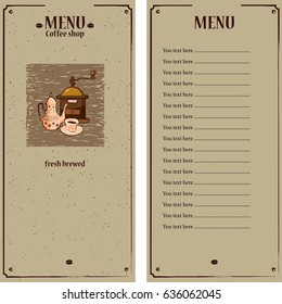 Coffee menu template with coffee grinder, coffee pot, cup