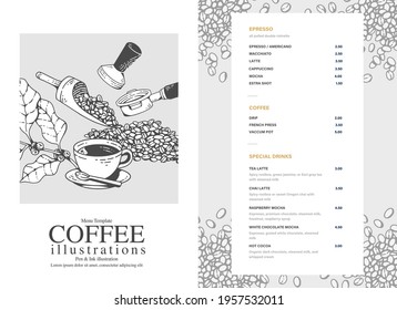 Coffee Menu Template Pen and Ink Style for Digital or Printing media.