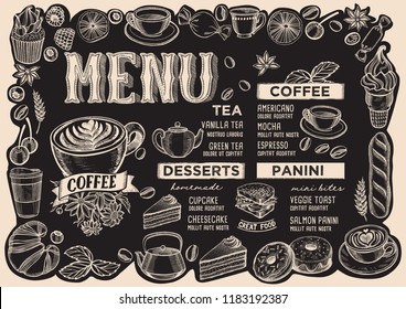 Plantilla de menú del café para restaurante en una pizarra ilustrativo vectorial para la cafetería de comida y bebida. Diseño con letras y marco de frutas y caramelos gráficos dibujados a mano.