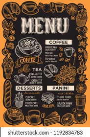 Coffee menu template for restaurant on a blackboard background vector illustration brochure for food and drink cafe. Design layout with vintage lettering and frame of hand-drawn fruits and sweets.