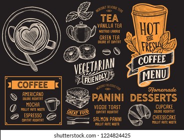 Coffee menu template for restaurant on a blackboard background vector illustration brochure for food and drink cafe. Design layout with vintage lettering and doodle hand-drawn graphic icons.