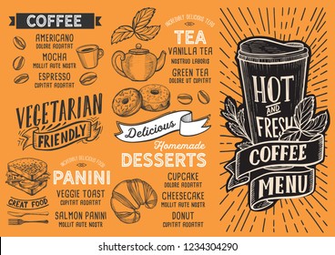 Coffee menu template for restaurant on an orange background vector illustration brochure for food and drink cafe. Design layout with vintage lettering and doodle hand-drawn graphic icons.