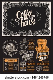 Coffee menu template for restaurant on a blackboard background vector illustration brochure for food and drink cafe. Design layout with vintage lettering and doodle hand-drawn graphic icons.