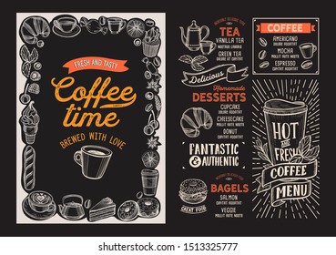 Coffee menu template for restaurant on a blackboard background vector illustration brochure for food and drink cafe. Design layout with vintage lettering and doodle hand-drawn graphic icons.