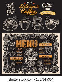 Coffee menu template for restaurant on a blackboard background vector illustration brochure for food and drink cafe. Design layout with vintage lettering and doodle hand-drawn graphic icons.