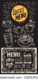 Coffee menu template for restaurant on a blackboard background vector illustration brochure for food and drink cafe. Design layout with vintage lettering and doodle hand-drawn graphic icons.
