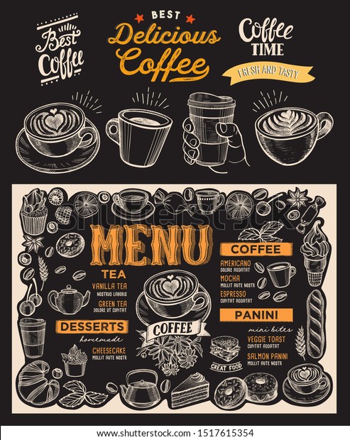 黒板の背景にレストラン用のコーヒーメニューテンプレート 食べ物と飲み物のカフェ用のベクターイラスト パンフレット ビンテージ文字と落書き風手描きのグラフィックアイコンを使用したデザインレイアウト のベクター画像素材 ロイヤリティフリー