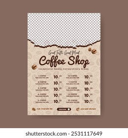 Coffee menu template, Coffee shop a4 size vertical print flyer or poster template design with coffee beans illustration background