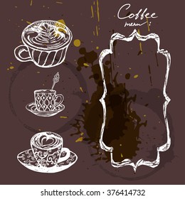Coffee menu template with coffee splatter, retro frame, coffee cups.