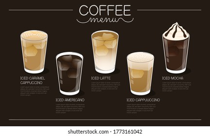 Kaffeekarte, Vektorgrafik mit verschiedenen Arten von Eiskaffee auf dunklem Hintergrund