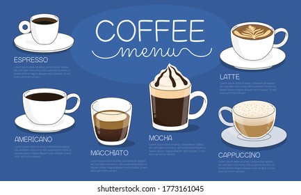 Coffee menu vector illustration with different hot coffee drink types on blue background