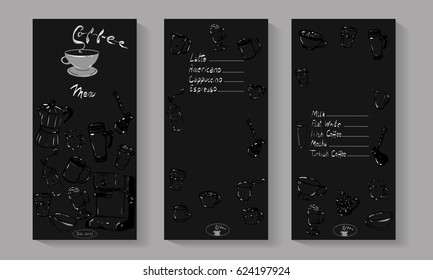 Coffee menu vector illustration. Drink menu for coffee shop. Flayers with cups, mugs and coffee pots.