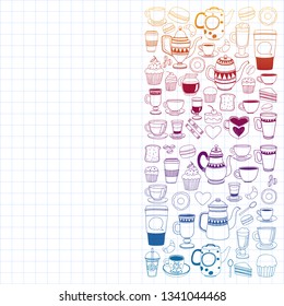 Coffee menu. Vector pattern with cappuccino, espresso. Kitchen, cooking, beverages.
