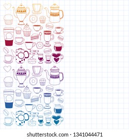 Coffee menu. Vector pattern with cappuccino, espresso. Kitchen, cooking, beverages.