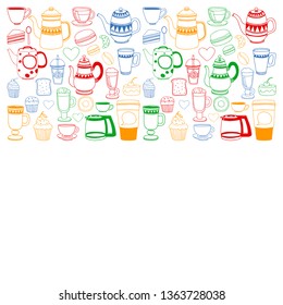 Coffee menu. Vector pattern with cappuccino, espresso. Kitchen, cooking, beverages.