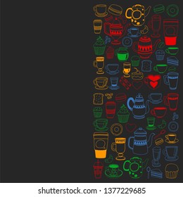 Coffee menu. Vector pattern with cappuccino, espresso. Kitchen, cooking, beverages.
