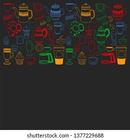 Coffee menu. Vector pattern with cappuccino, espresso. Kitchen, cooking, beverages.