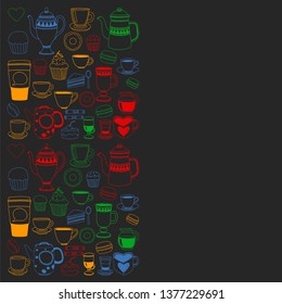 Coffee menu. Vector pattern with cappuccino, espresso. Kitchen, cooking, beverages.