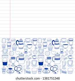 Coffee menu. Vector pattern with cappuccino, espresso. Kitchen, cooking, beverages.