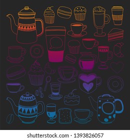 Coffee menu. Vector pattern with cappuccino, espresso. Kitchen, cooking, beverages.