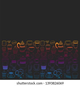 Coffee menu. Vector pattern with cappuccino, espresso. Kitchen, cooking, beverages.