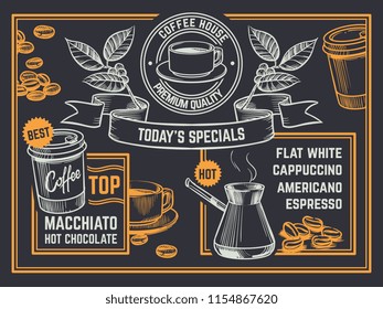 Coffee menu. Vintage hand drawn coffeeshop flyer. Cappuccino and hot chocolate vector poster. Coffee latte drink, americano mug, coffeeshop and coffeehouse