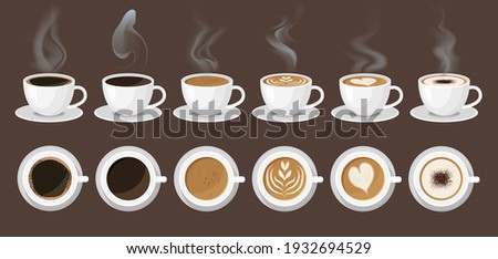 Coffee menu in white cups with hot steam. Front and top view. Latte, cappuccino, americano, espresso, mocha, cocoa. Vector illustration.