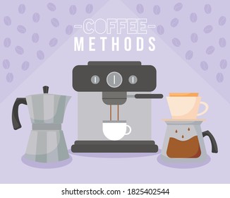 coffee methods with machine cup kettle and pot design of drink caffeine breakfast and beverage theme Vector illustration