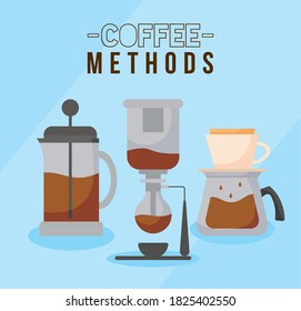 coffee methods with siphon machine french press and pot design of drink caffeine breakfast and beverage theme Vector illustration