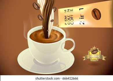 Coffee with milk and coffee bean and white cup, morning coffee day start