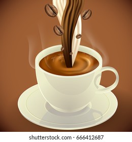 Coffee with milk and coffee bean and white cup, morning coffee day start