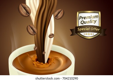 Coffee with milk and coffee bean and white cup, morning coffee day start