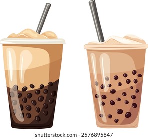 Coffee with milk and boba pearls in a takeaway cup. Vector clipart, illustration with isolated background.