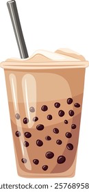 Coffee with milk and boba pearls in a takeaway cup. Vector clipart, illustration with isolated background.