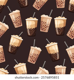 Coffee with milk and boba pearls in a takeaway cup seamless pattern. Vector clipart, illustration with isolated background.