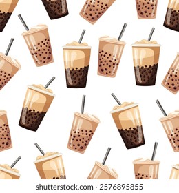 Coffee with milk and boba pearls in a takeaway cup seamless pattern. Vector clipart, illustration with isolated background.