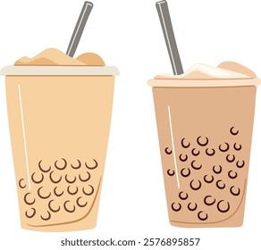 Coffee with milk and boba pearls in a takeaway cup. Vector clipart, illustration with isolated background.