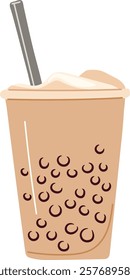 Coffee with milk and boba pearls in a takeaway cup. Vector clipart, illustration with isolated background.