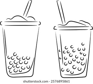 Coffee with milk and boba pearls in a takeaway cup. Vector clipart, illustration with isolated background.