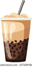 Coffee with milk and boba pearls in a takeaway cup. Vector clipart, illustration with isolated background.