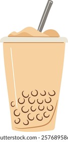 Coffee with milk and boba pearls in a takeaway cup. Vector clipart, illustration with isolated background.