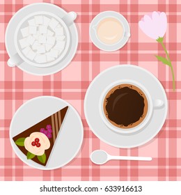 Coffee with milk and cake on the table top view. Breakfast vector illustration.