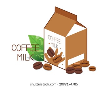 Coffee milk carton box with coffee beans and leaves isolated on white background.