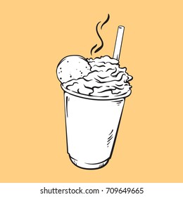 Coffee with milk, cream and cookie, vector illustration isolated on orange background, black and white version
