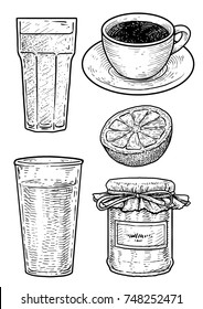 Coffee, milk, jam and orange juice illustration, drawing, engraving, ink, line art, vector