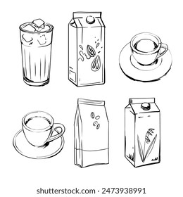 Café y leche. Café con leche, café expreso, café, leche de almendras. Dibujo de tinta negra sobre fondo blanco.
