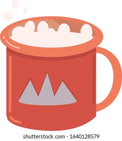 Coffee with milk in red cup and mountaines on a white background.Turistic metalic Camping cup vector ilustration